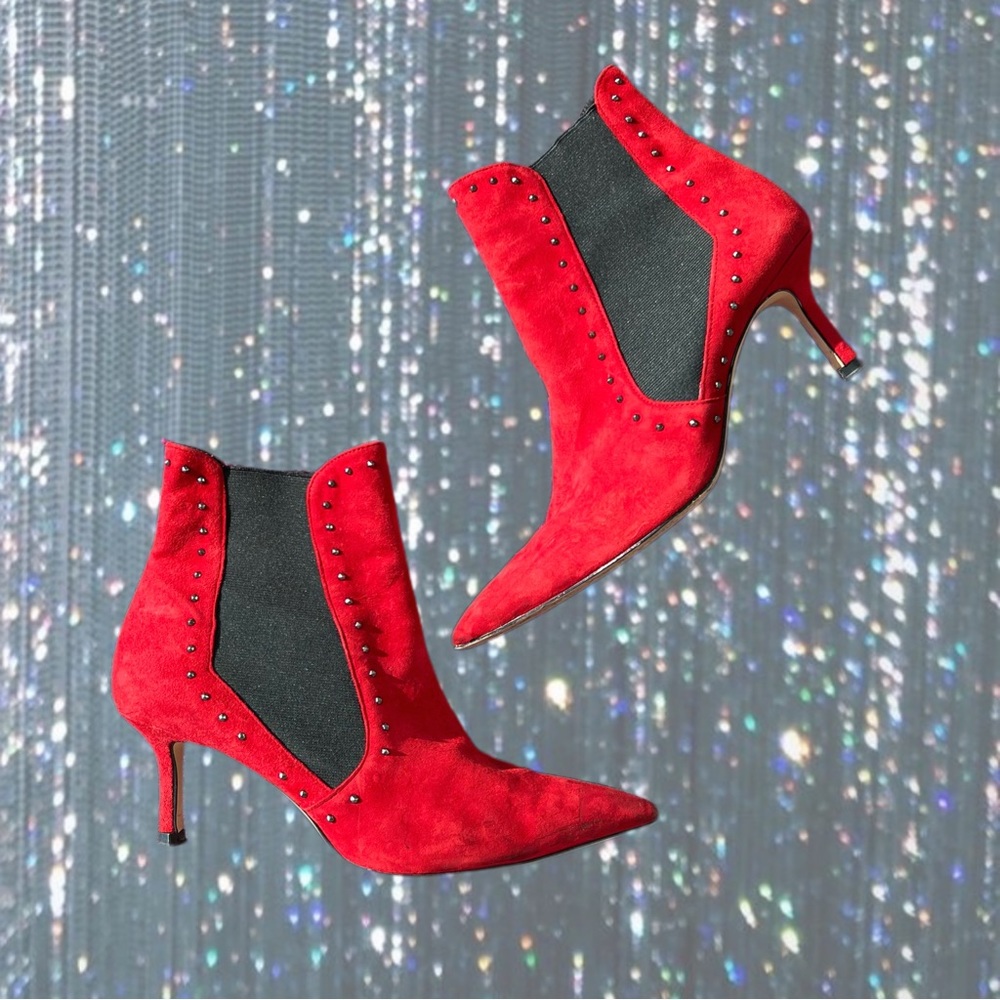ZARA RED SUEDE STUDDED KITTEN HEELS